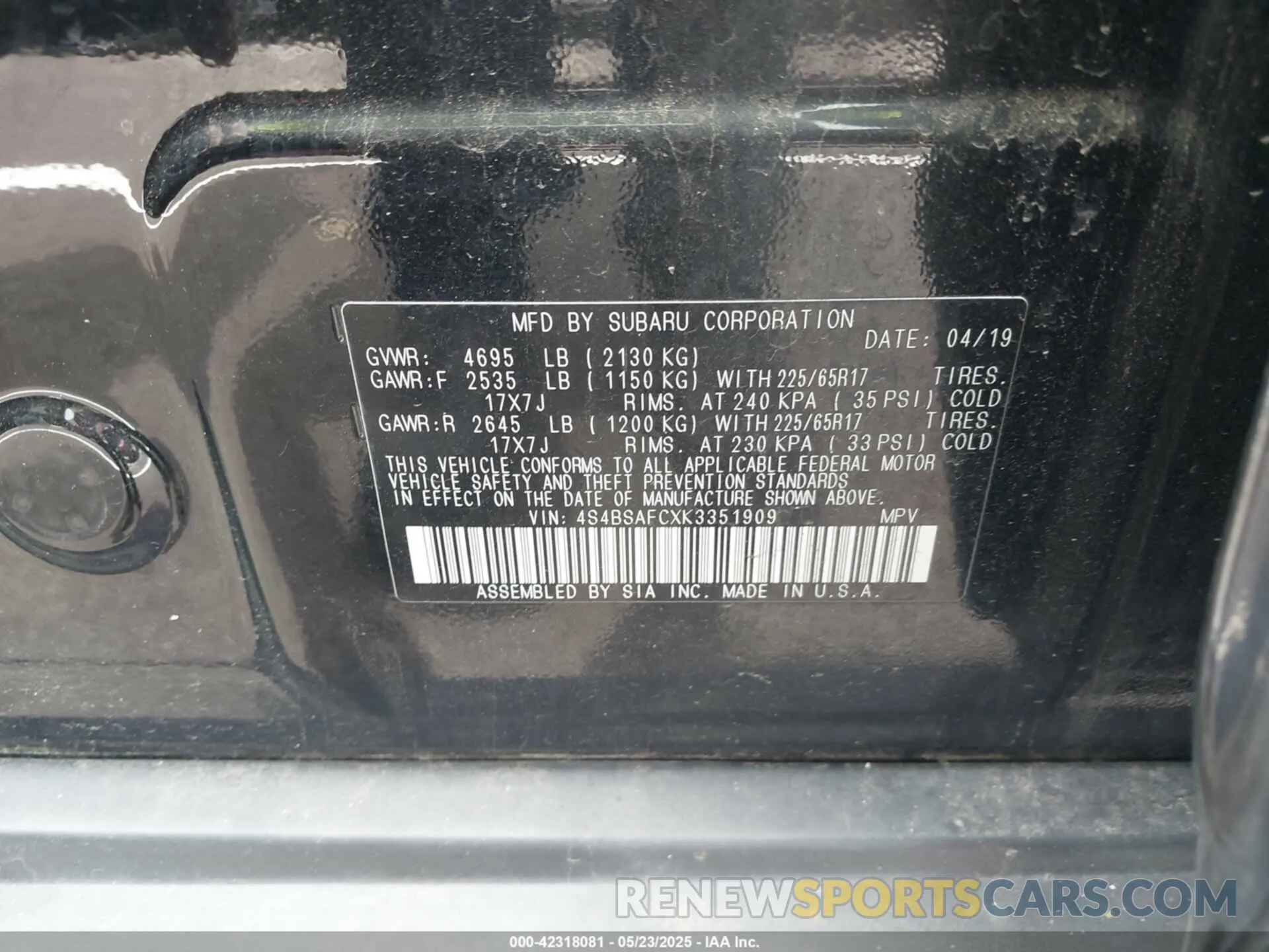 9 Photograph of a damaged car 4S4BSAFCXK3351909 SUBARU OUTBACK 2019