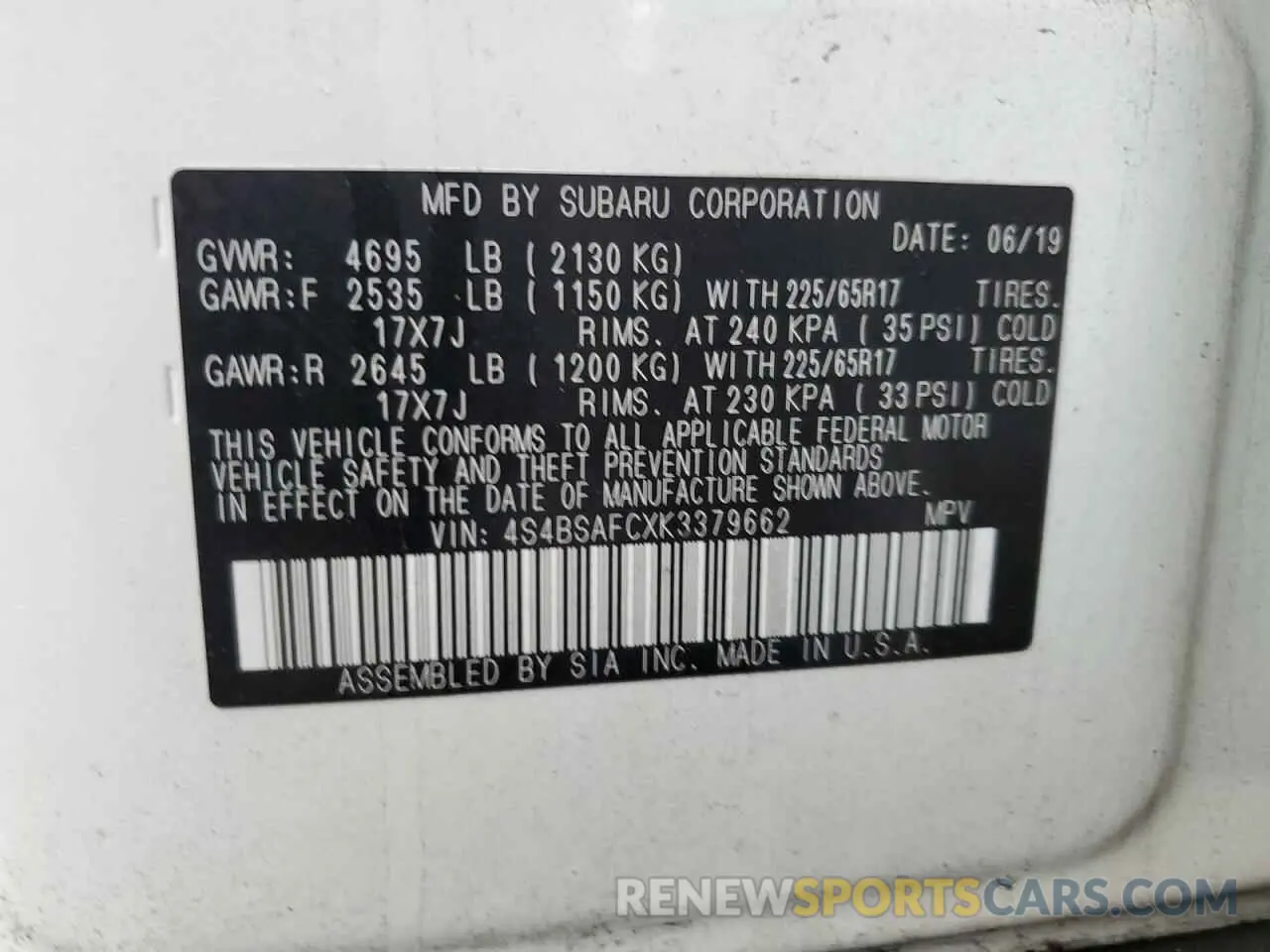 13 Photograph of a damaged car 4S4BSAFCXK3379662 SUBARU OUTBACK 2019