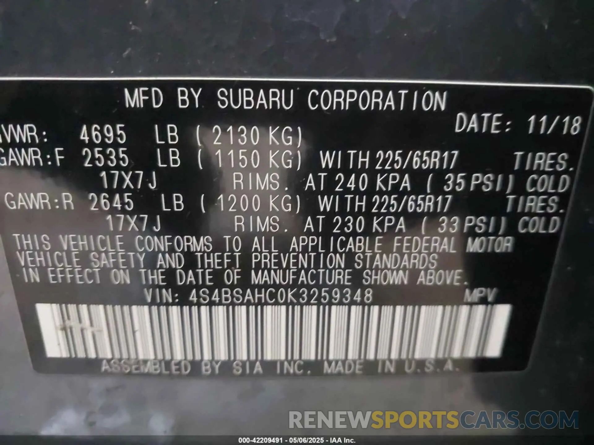 9 Photograph of a damaged car 4S4BSAHC0K3259348 SUBARU OUTBACK 2019