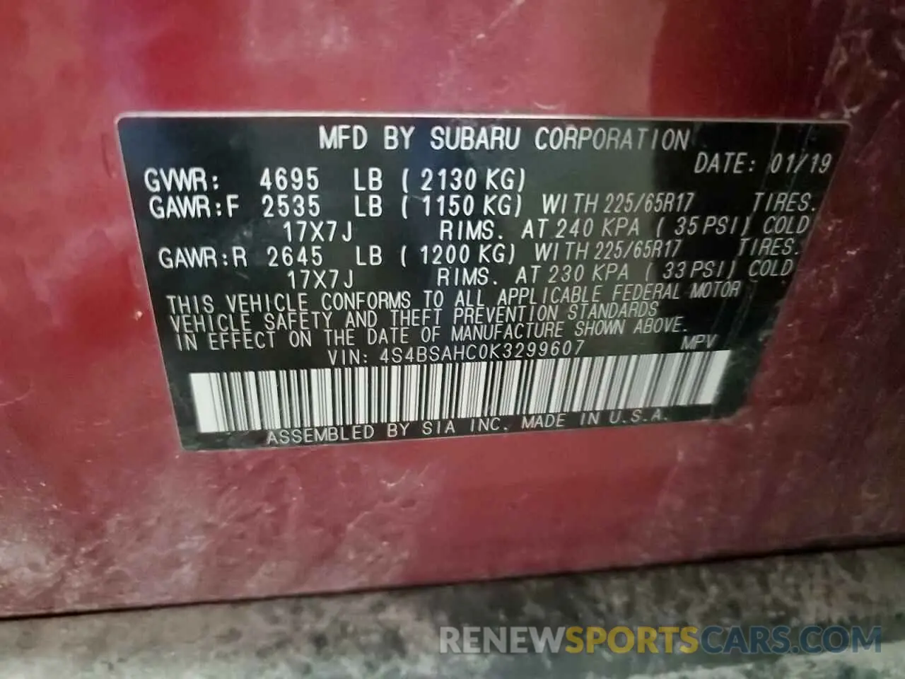 13 Photograph of a damaged car 4S4BSAHC0K3299607 SUBARU OUTBACK 2019
