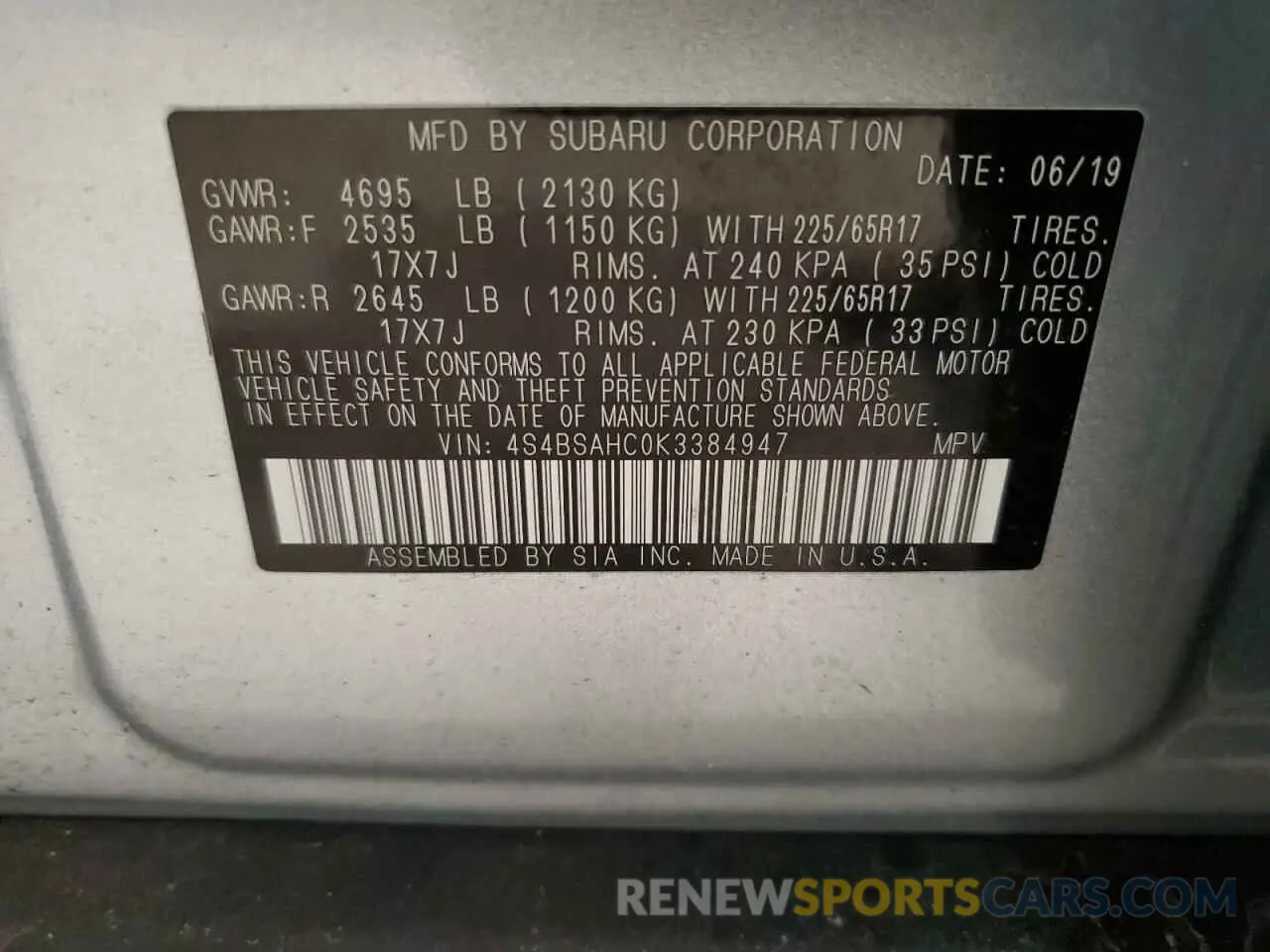 13 Photograph of a damaged car 4S4BSAHC0K3384947 SUBARU OUTBACK 2019