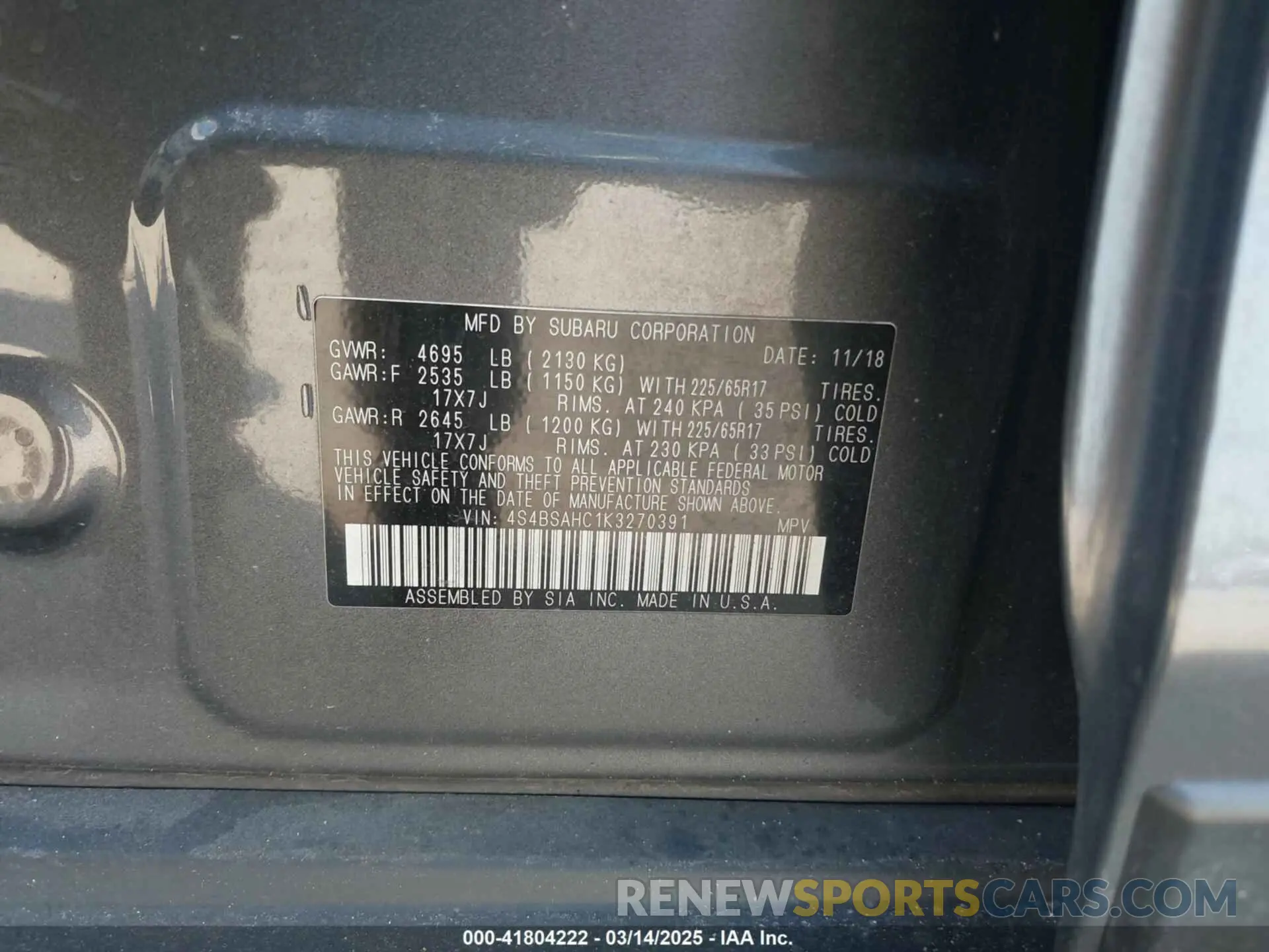 9 Photograph of a damaged car 4S4BSAHC1K3270391 SUBARU OUTBACK 2019