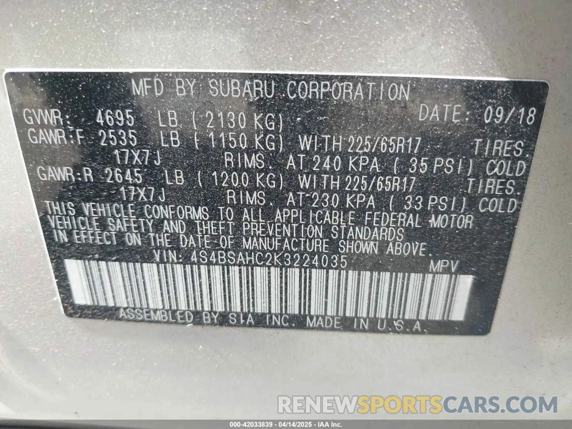 9 Photograph of a damaged car 4S4BSAHC2K3224035 SUBARU OUTBACK 2019