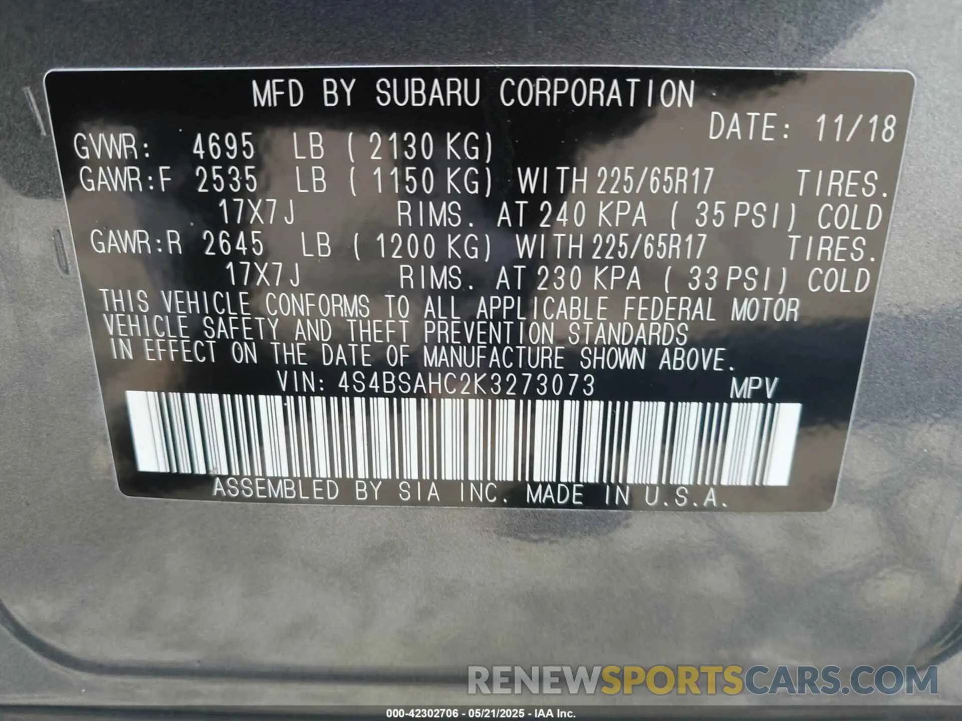 9 Photograph of a damaged car 4S4BSAHC2K3273073 SUBARU OUTBACK 2019