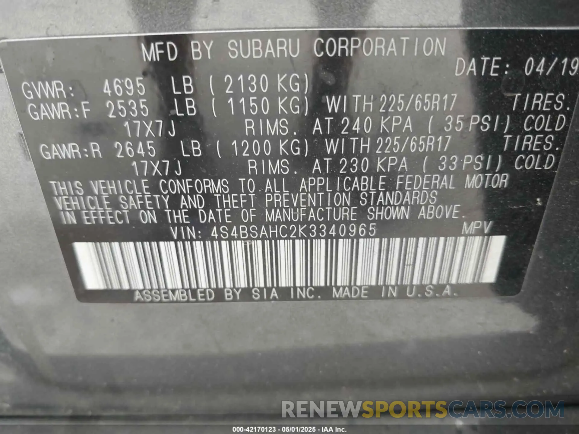 9 Photograph of a damaged car 4S4BSAHC2K3340965 SUBARU OUTBACK 2019