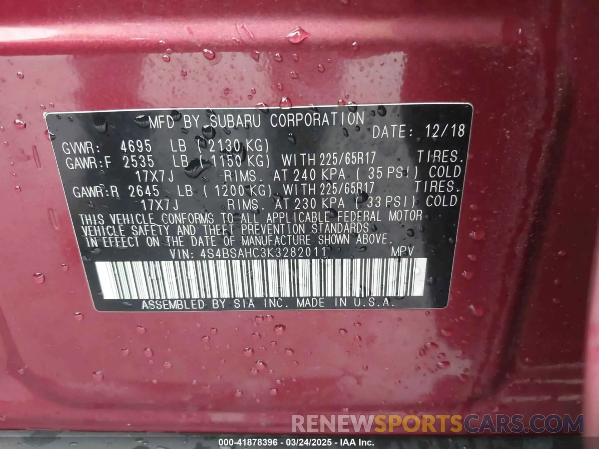 9 Photograph of a damaged car 4S4BSAHC3K3282011 SUBARU OUTBACK 2019