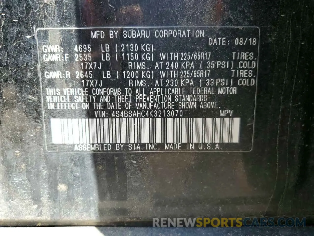 14 Photograph of a damaged car 4S4BSAHC4K3213070 SUBARU OUTBACK 2019