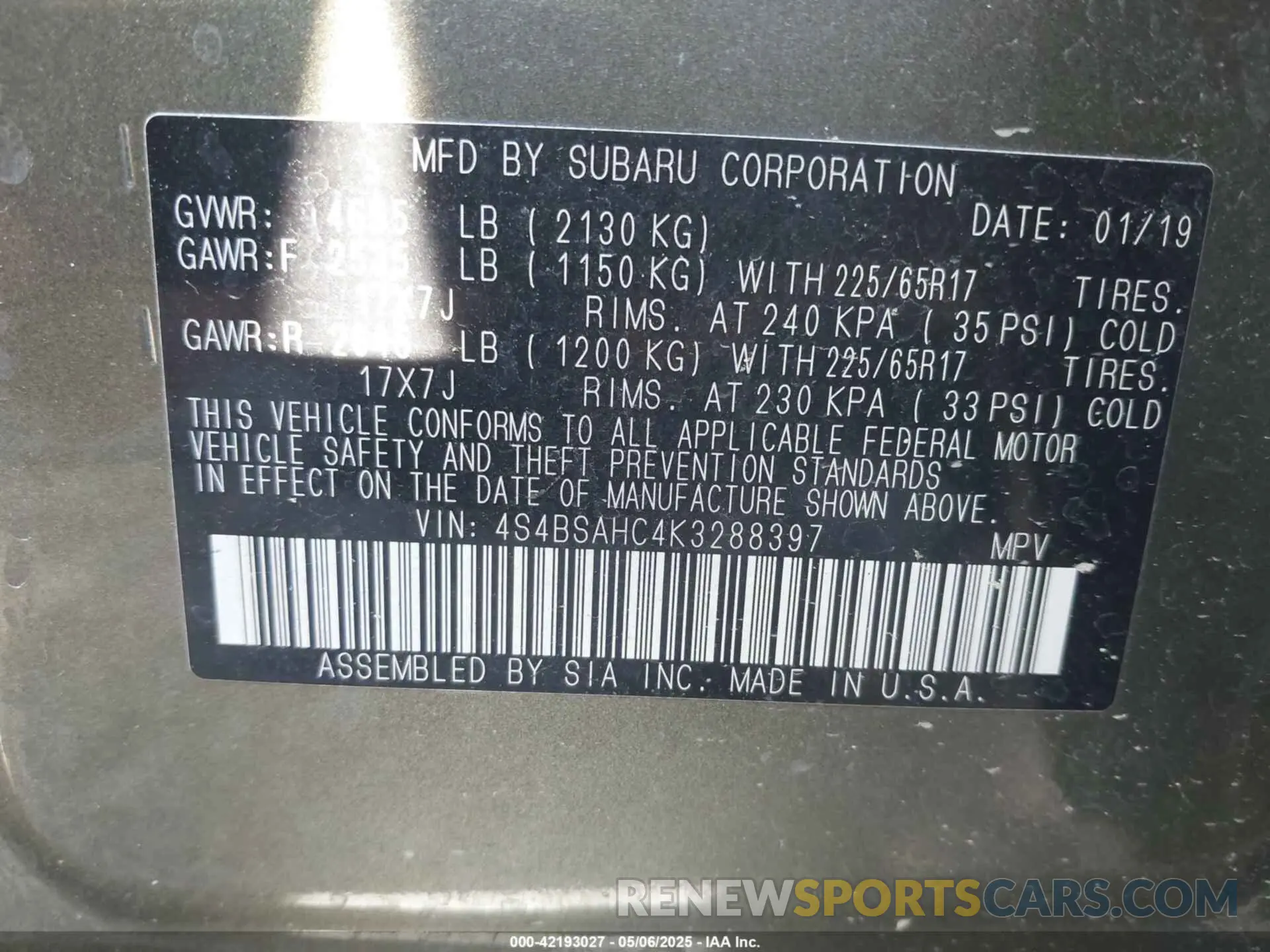 9 Photograph of a damaged car 4S4BSAHC4K3288397 SUBARU OUTBACK 2019