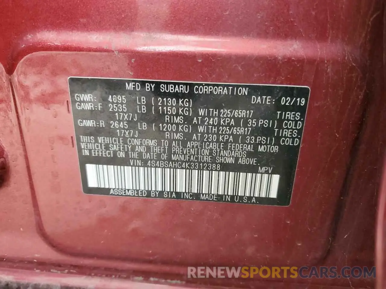15 Photograph of a damaged car 4S4BSAHC4K3312388 SUBARU OUTBACK 2019