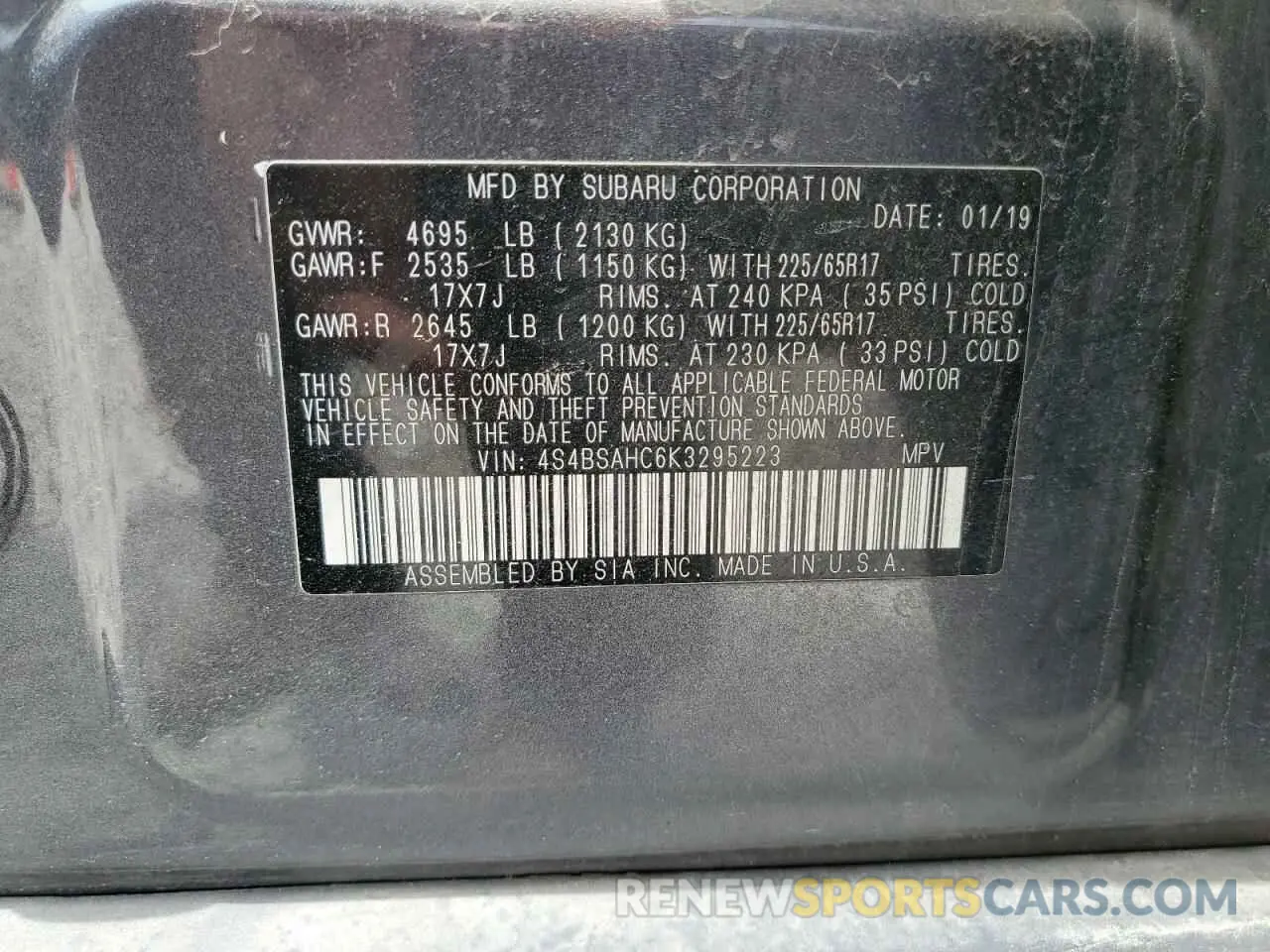 13 Photograph of a damaged car 4S4BSAHC6K3295223 SUBARU OUTBACK 2019