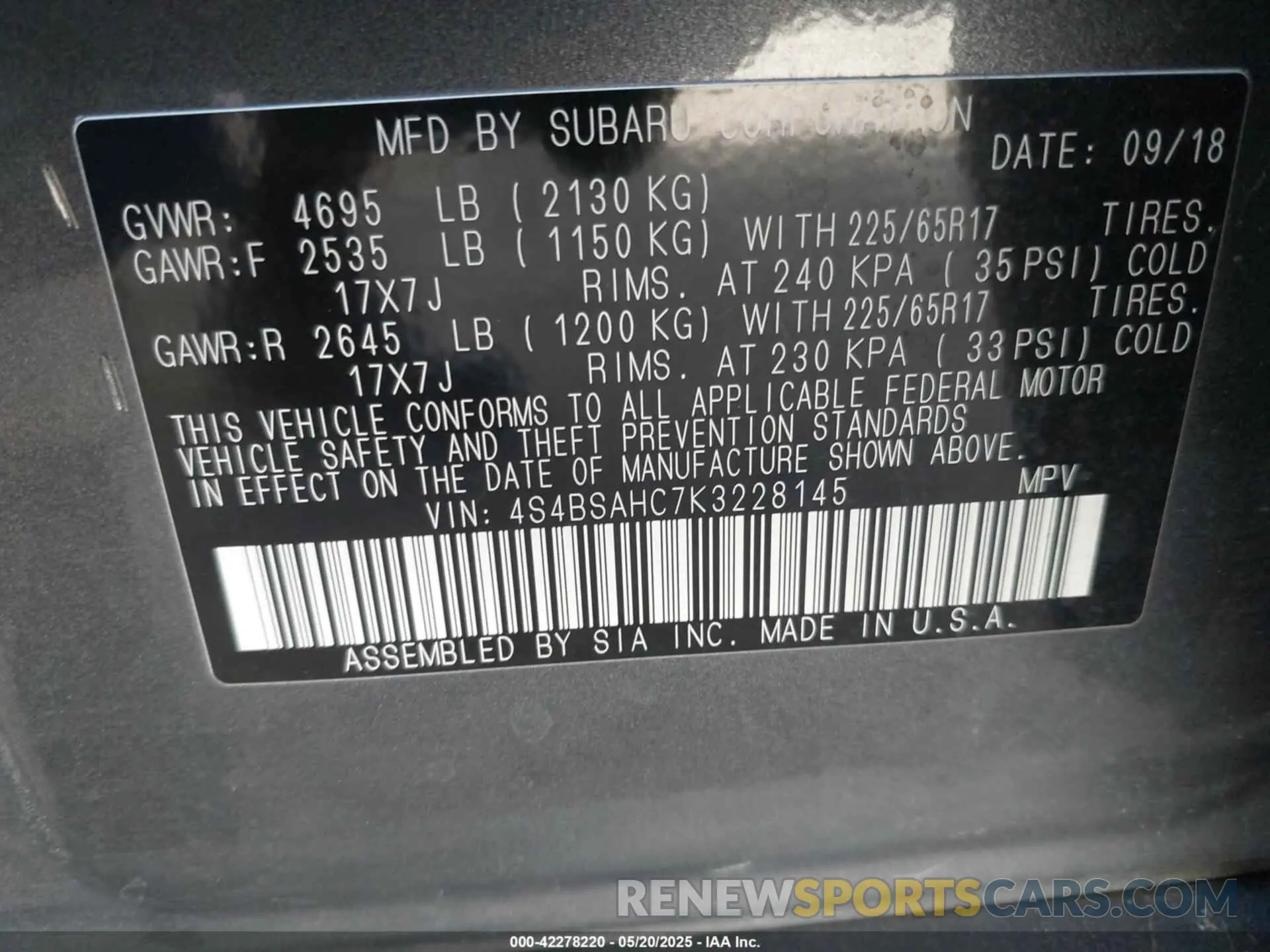 9 Photograph of a damaged car 4S4BSAHC7K3228145 SUBARU OUTBACK 2019