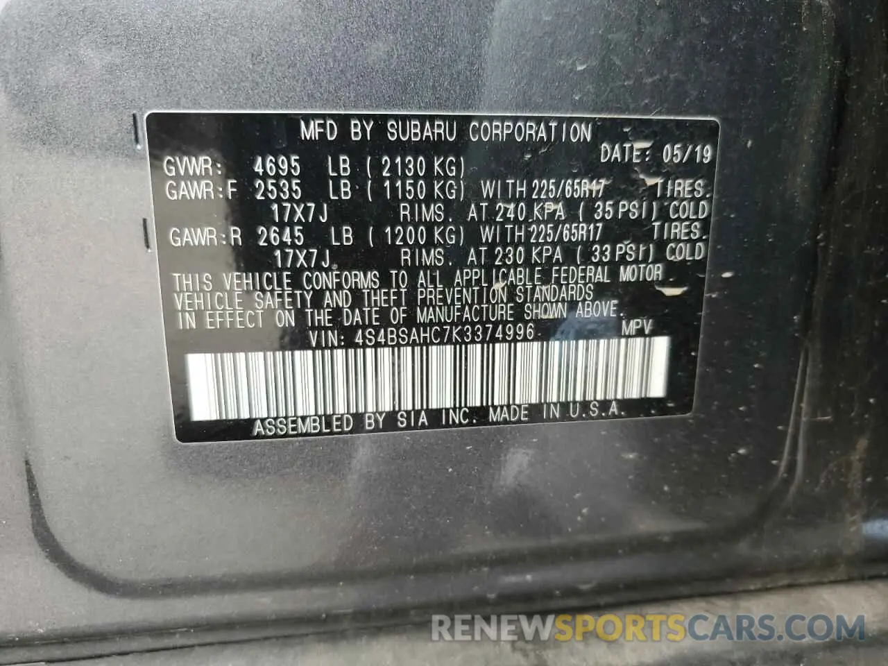 14 Photograph of a damaged car 4S4BSAHC7K3374996 SUBARU OUTBACK 2019