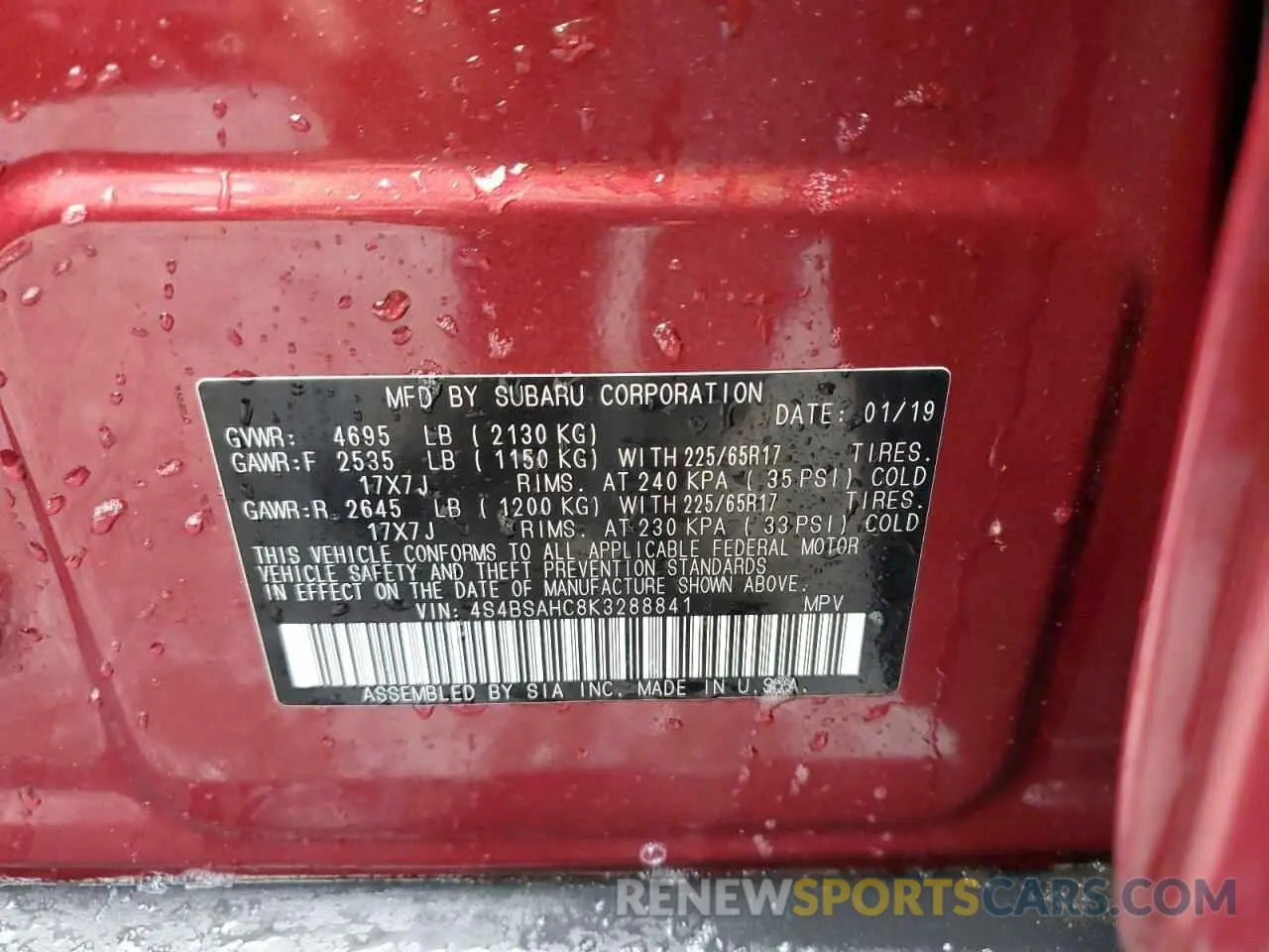 14 Photograph of a damaged car 4S4BSAHC8K3288841 SUBARU OUTBACK 2019