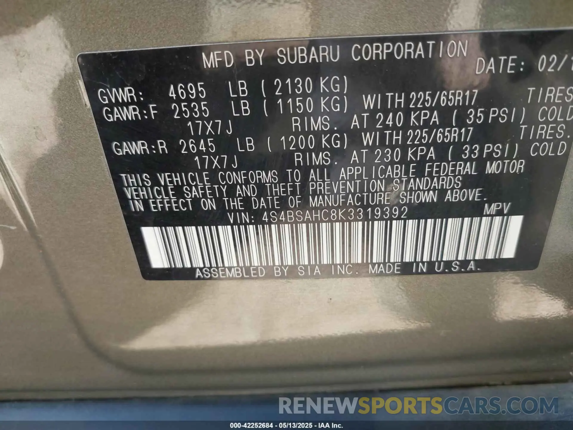9 Photograph of a damaged car 4S4BSAHC8K3319392 SUBARU OUTBACK 2019