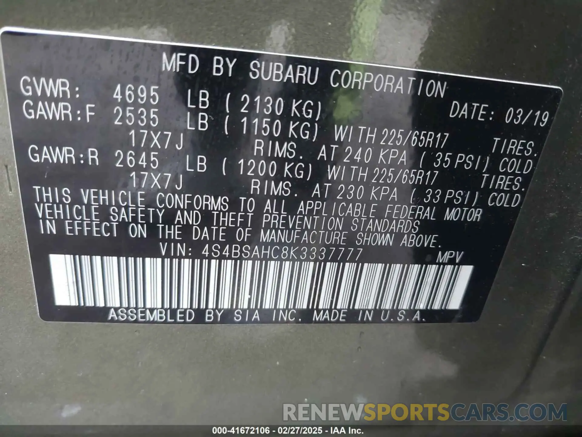 9 Photograph of a damaged car 4S4BSAHC8K3337777 SUBARU OUTBACK 2019