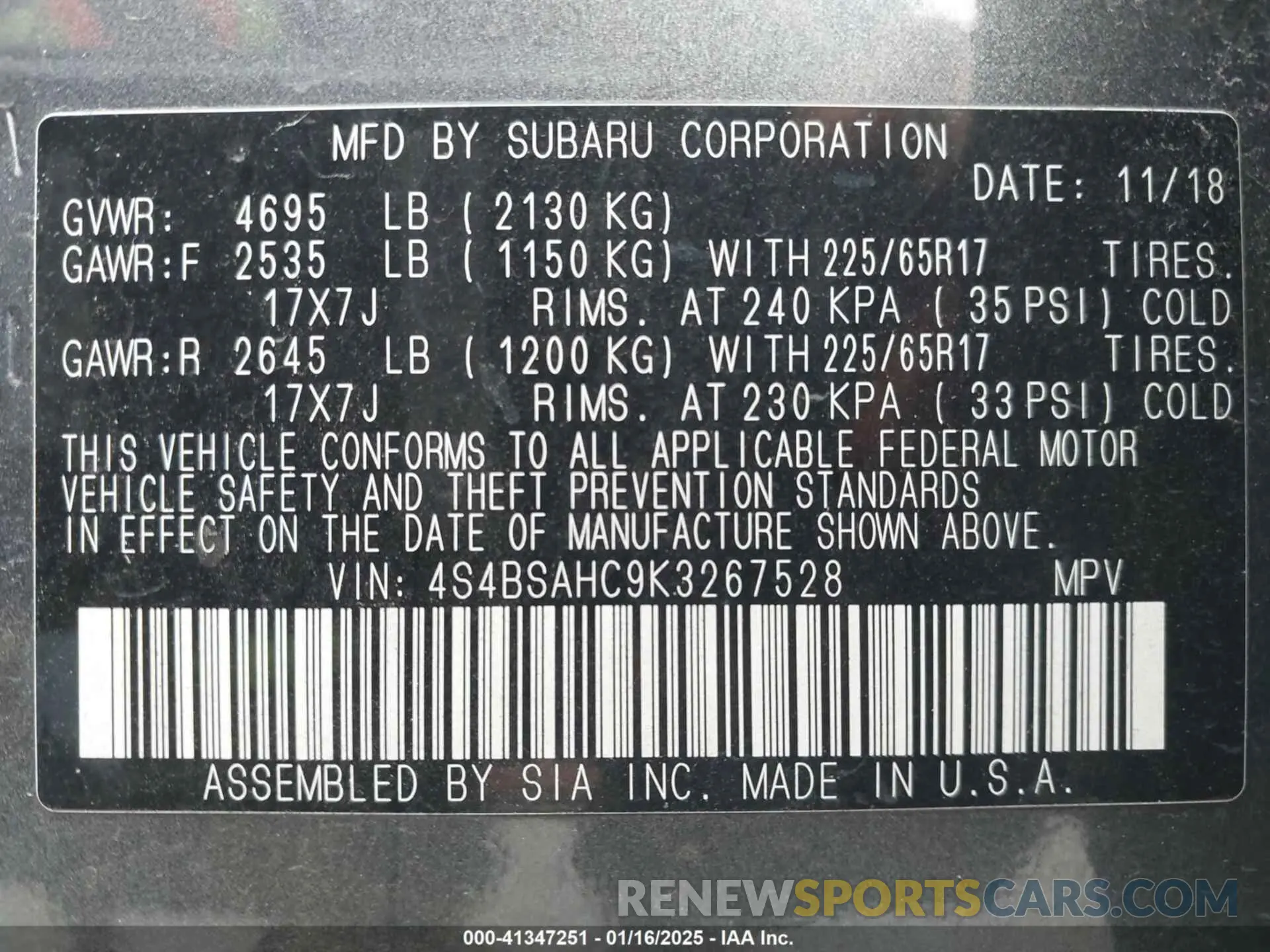 9 Photograph of a damaged car 4S4BSAHC9K3267528 SUBARU OUTBACK 2019