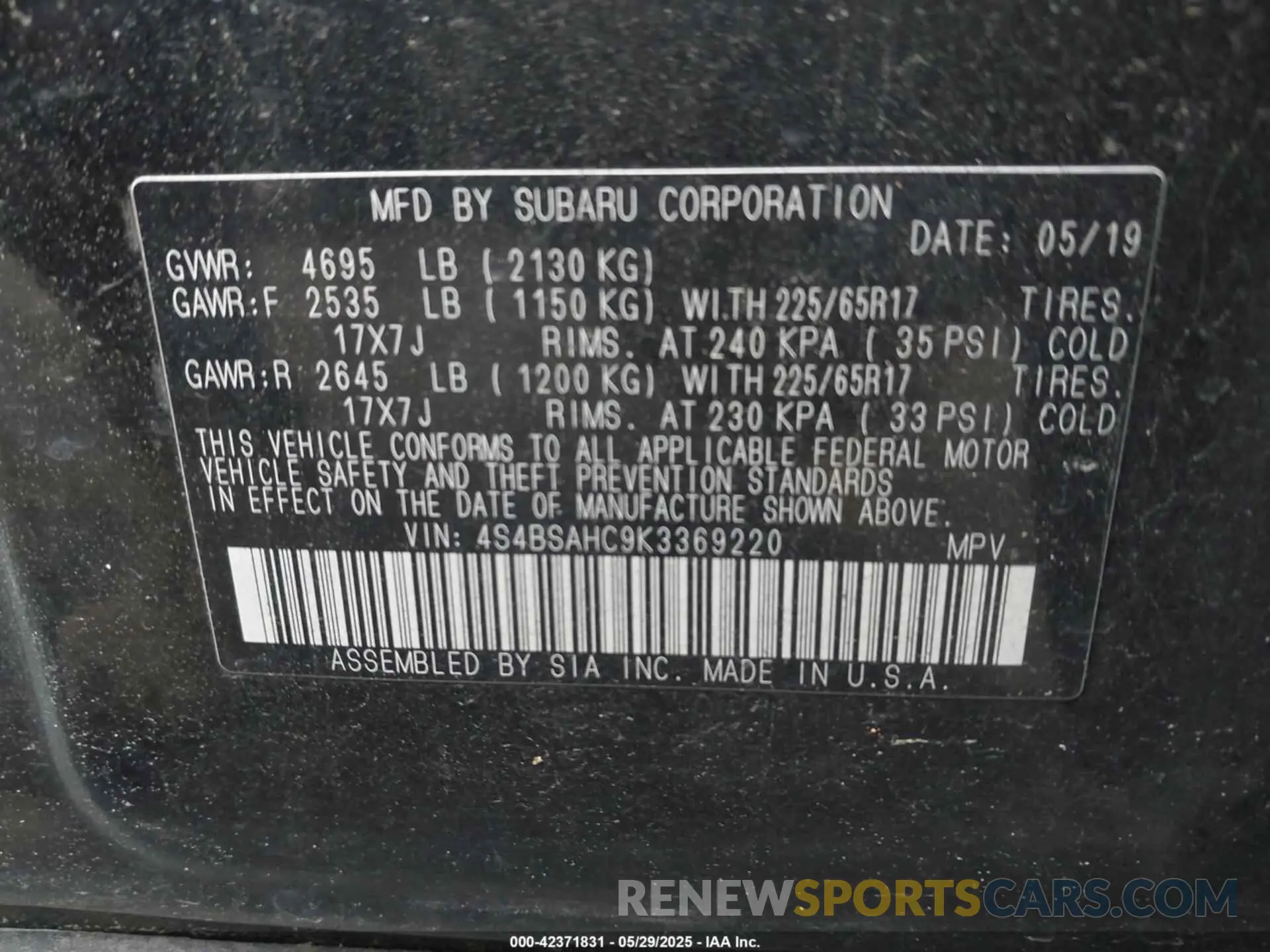 9 Photograph of a damaged car 4S4BSAHC9K3369220 SUBARU OUTBACK 2019