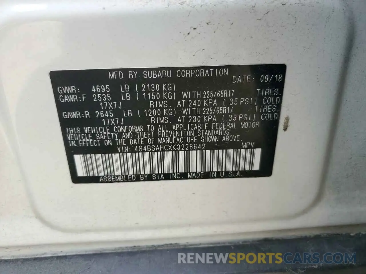 12 Photograph of a damaged car 4S4BSAHCXK3228642 SUBARU OUTBACK 2019