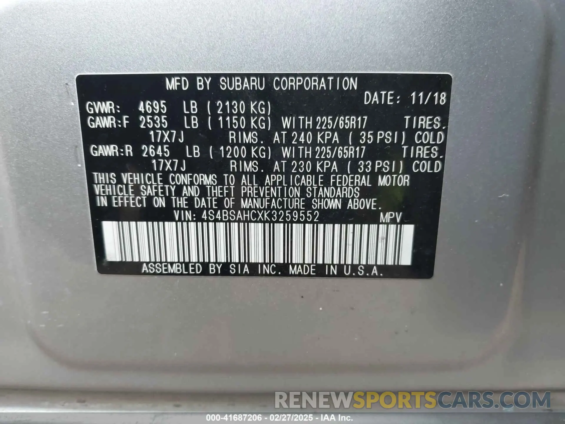 9 Photograph of a damaged car 4S4BSAHCXK3259552 SUBARU OUTBACK 2019