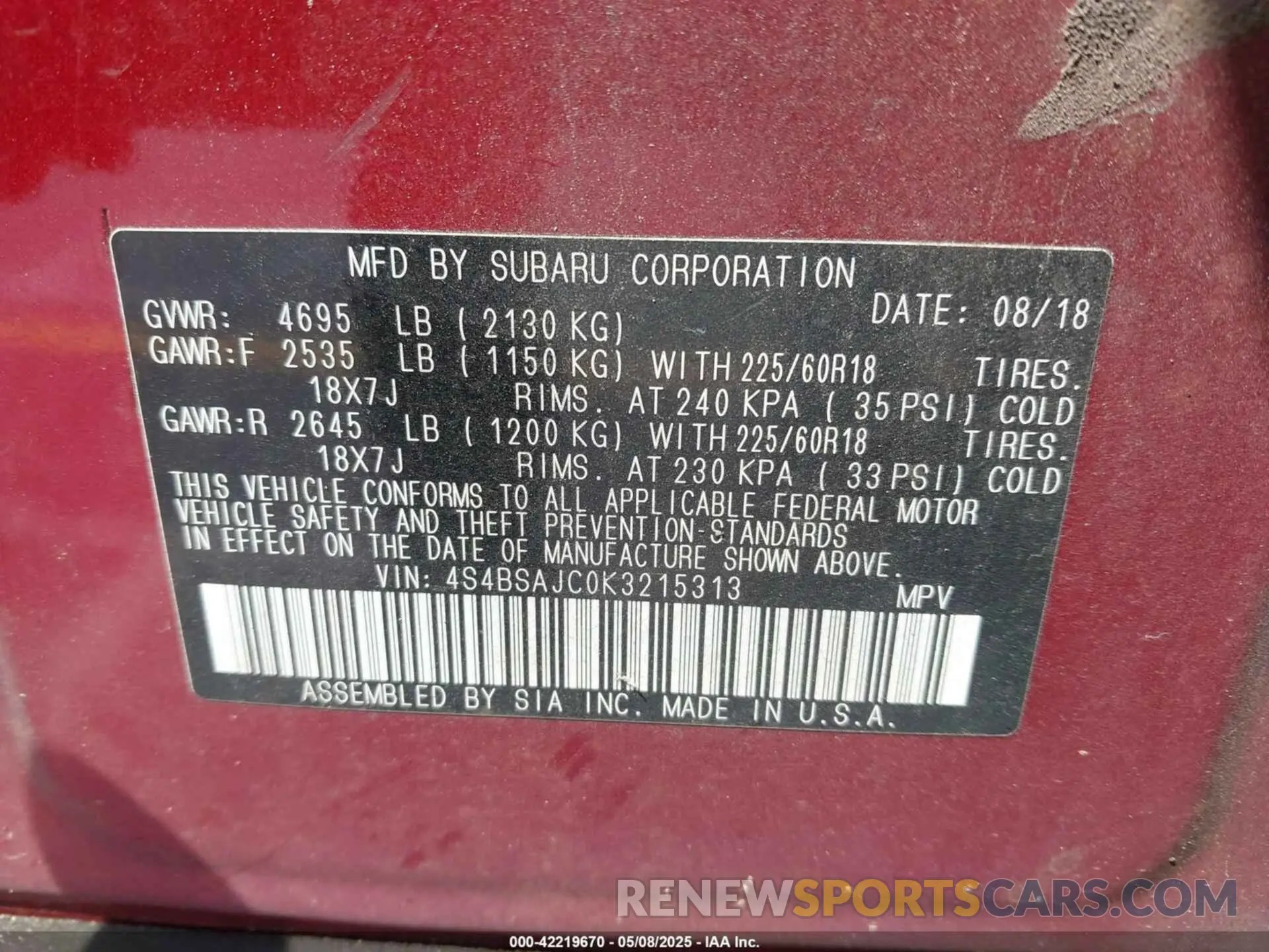 9 Photograph of a damaged car 4S4BSAJC0K3215313 SUBARU OUTBACK 2019