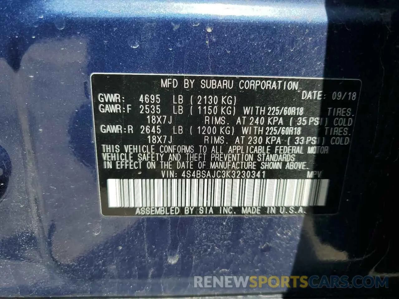 13 Photograph of a damaged car 4S4BSAJC3K3230341 SUBARU OUTBACK 2019