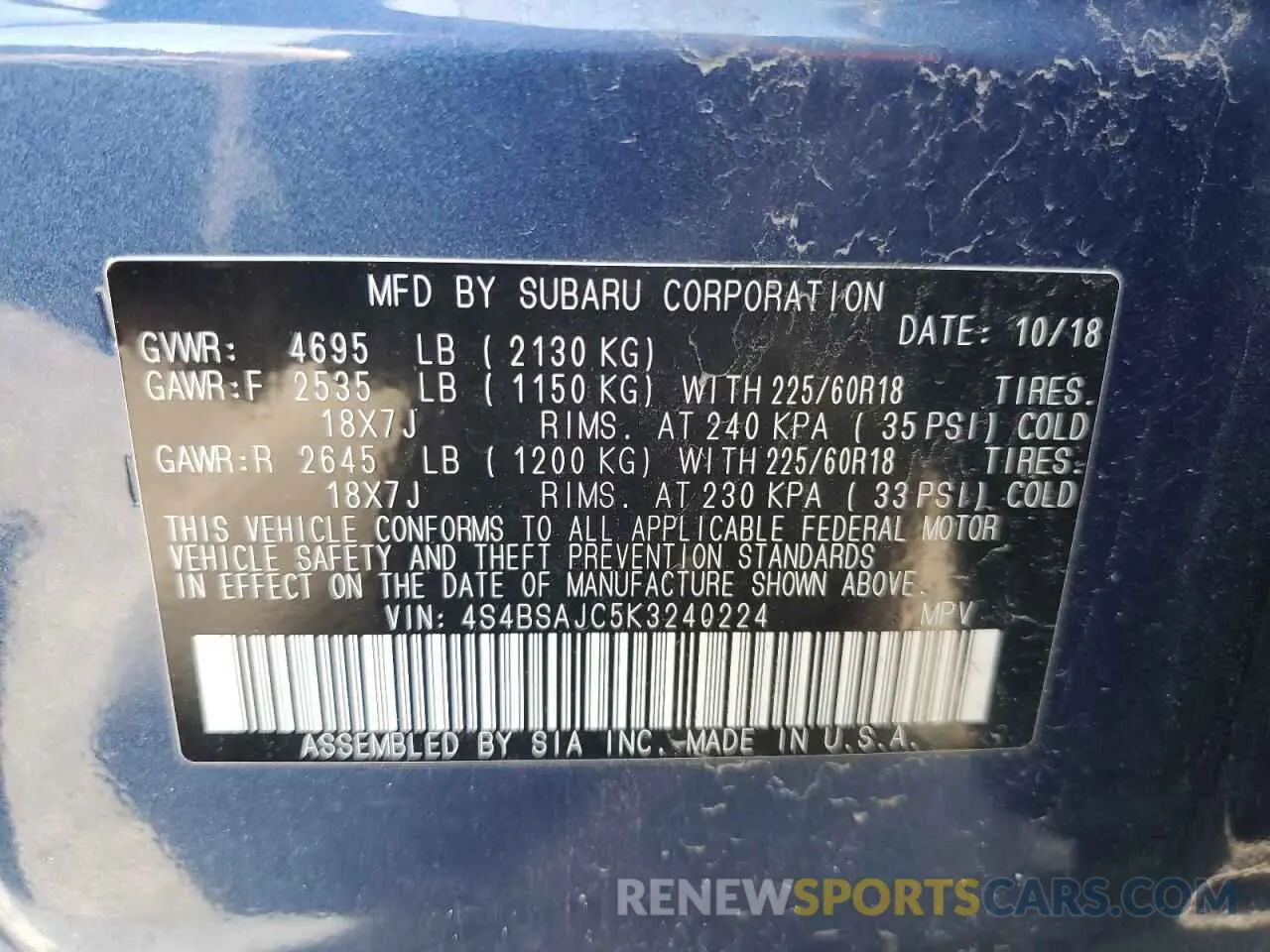 14 Photograph of a damaged car 4S4BSAJC5K3240224 SUBARU OUTBACK 2019
