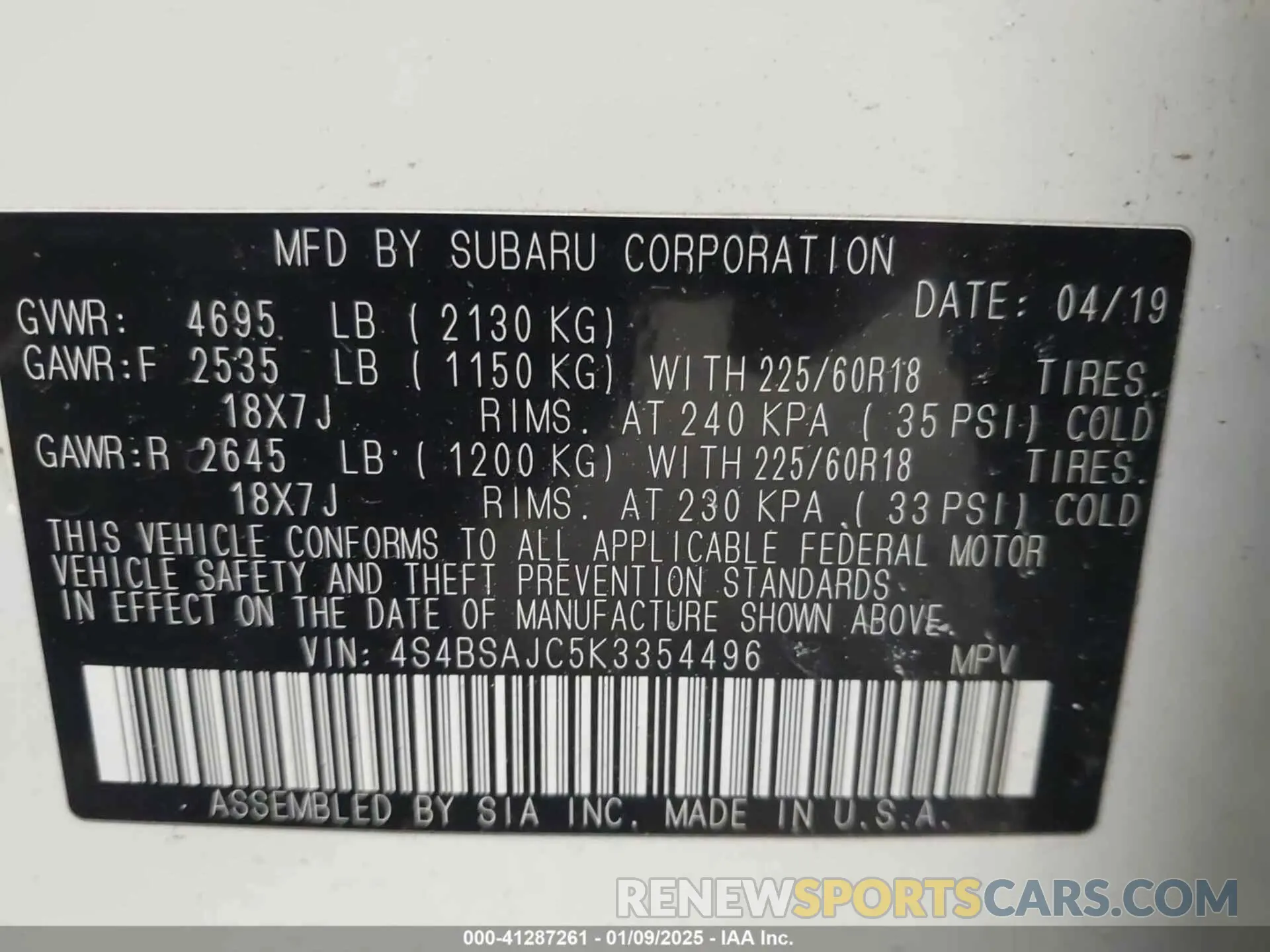 9 Photograph of a damaged car 4S4BSAJC5K3354496 SUBARU OUTBACK 2019