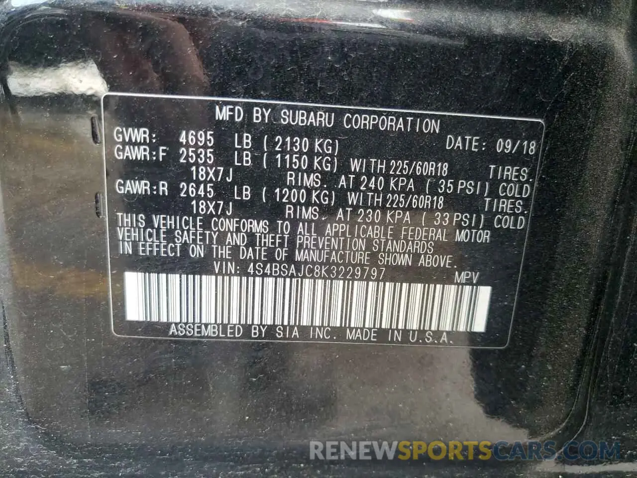 13 Photograph of a damaged car 4S4BSAJC8K3229797 SUBARU OUTBACK 2019