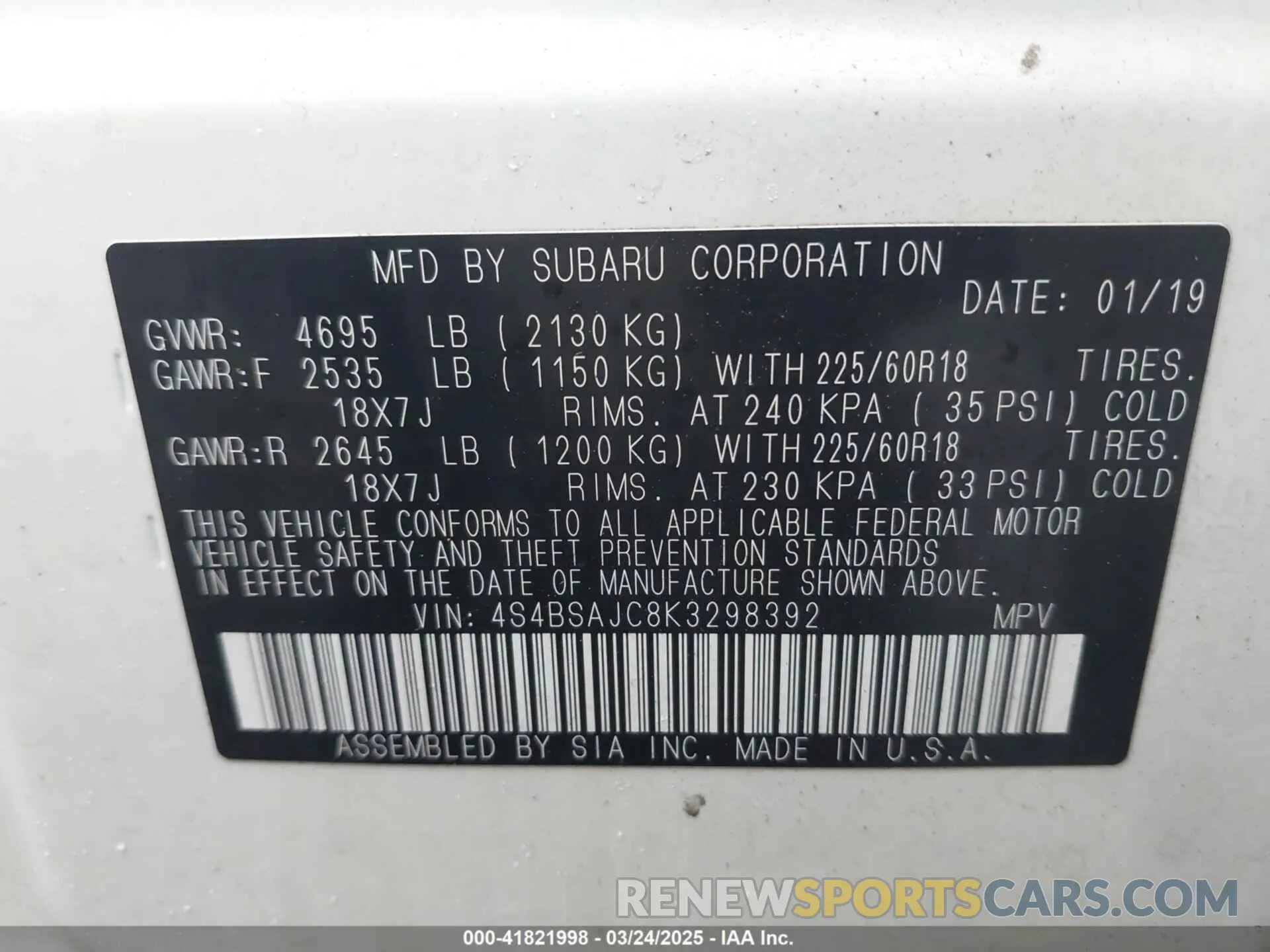 9 Photograph of a damaged car 4S4BSAJC8K3298392 SUBARU OUTBACK 2019