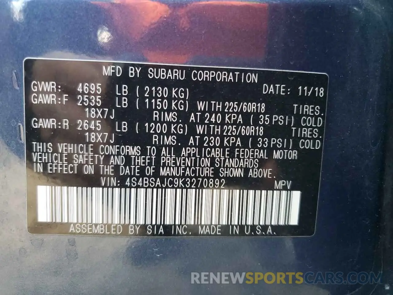 13 Photograph of a damaged car 4S4BSAJC9K3270892 SUBARU OUTBACK 2019