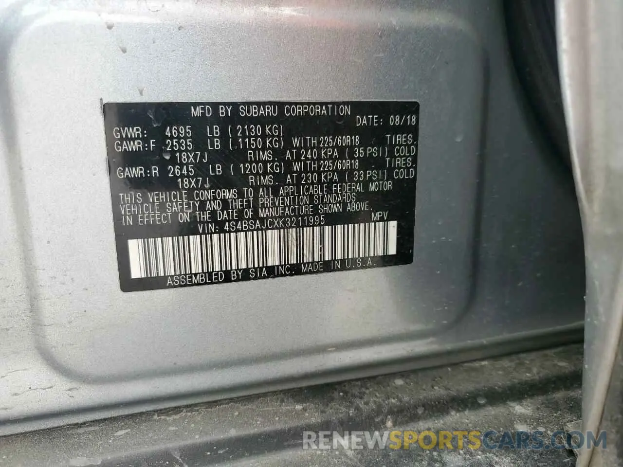 13 Photograph of a damaged car 4S4BSAJCXK3211995 SUBARU OUTBACK 2019