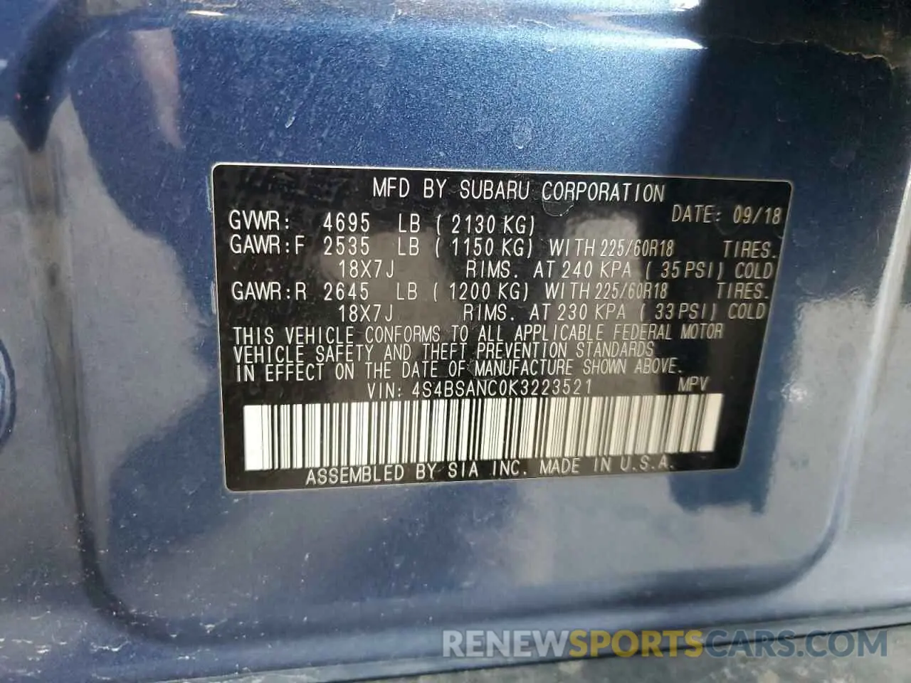 12 Photograph of a damaged car 4S4BSANC0K3223521 SUBARU OUTBACK 2019
