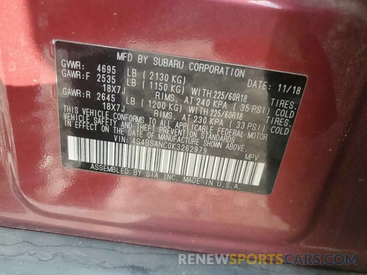 13 Photograph of a damaged car 4S4BSANC0K3262979 SUBARU OUTBACK 2019