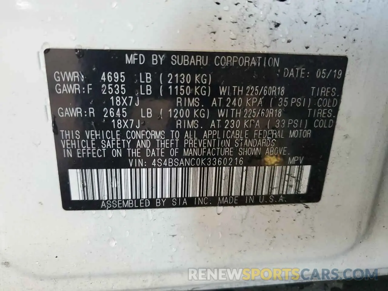 14 Photograph of a damaged car 4S4BSANC0K3360216 SUBARU OUTBACK 2019
