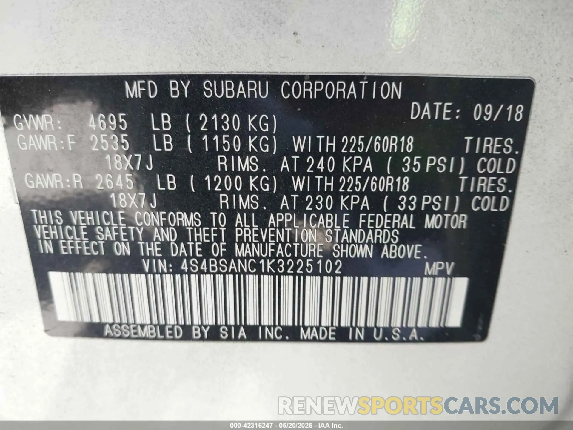 9 Photograph of a damaged car 4S4BSANC1K3225102 SUBARU OUTBACK 2019