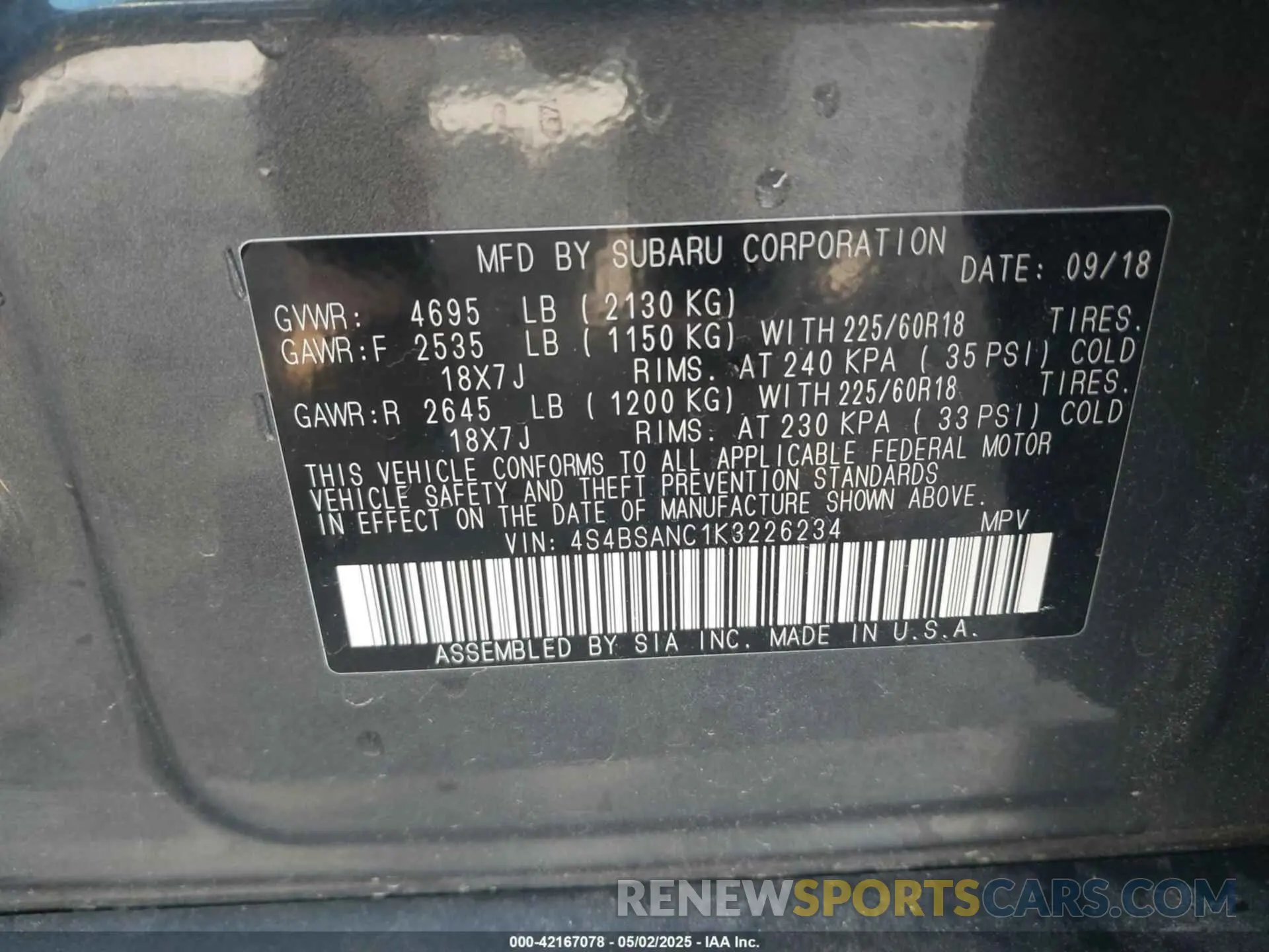 9 Photograph of a damaged car 4S4BSANC1K3226234 SUBARU OUTBACK 2019