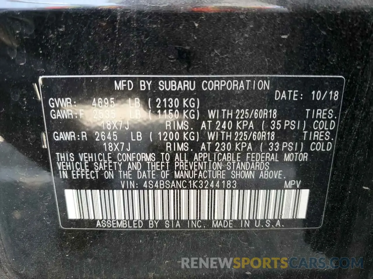 13 Photograph of a damaged car 4S4BSANC1K3244183 SUBARU OUTBACK 2019