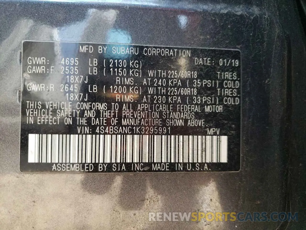 13 Photograph of a damaged car 4S4BSANC1K3295991 SUBARU OUTBACK 2019