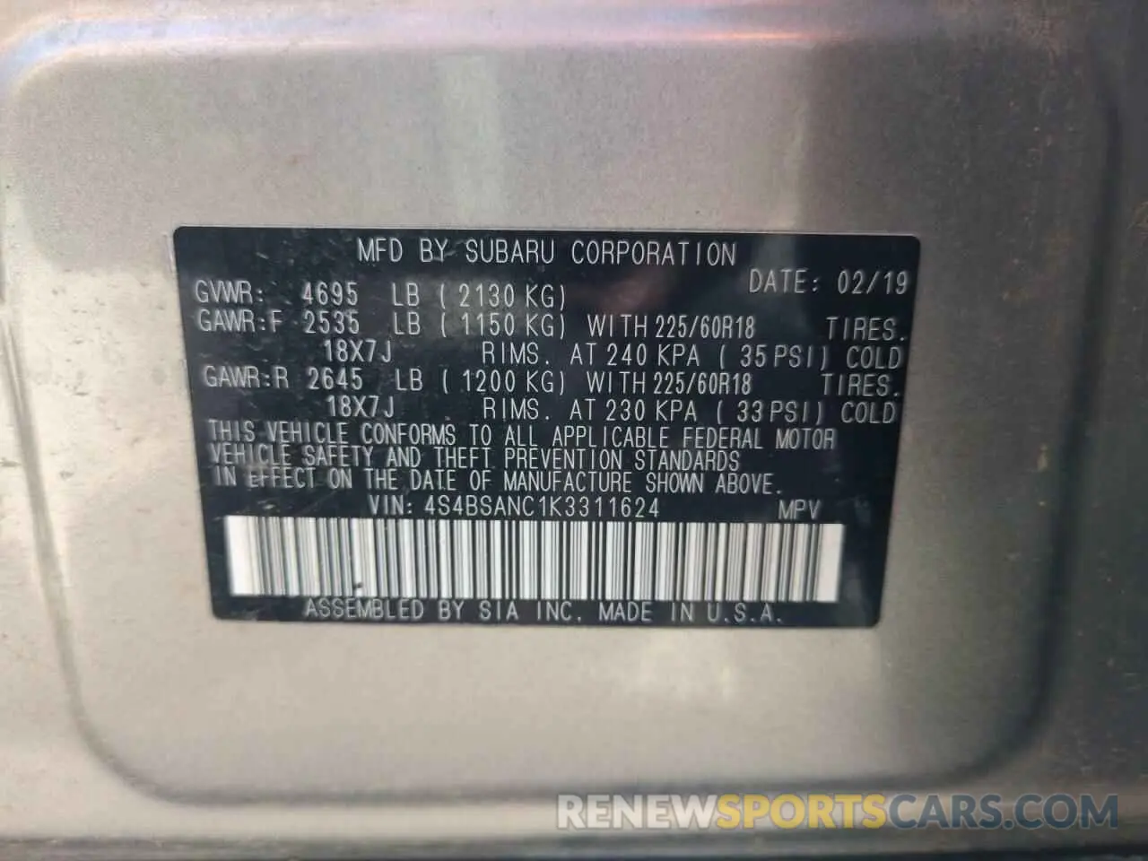 13 Photograph of a damaged car 4S4BSANC1K3311624 SUBARU OUTBACK 2019