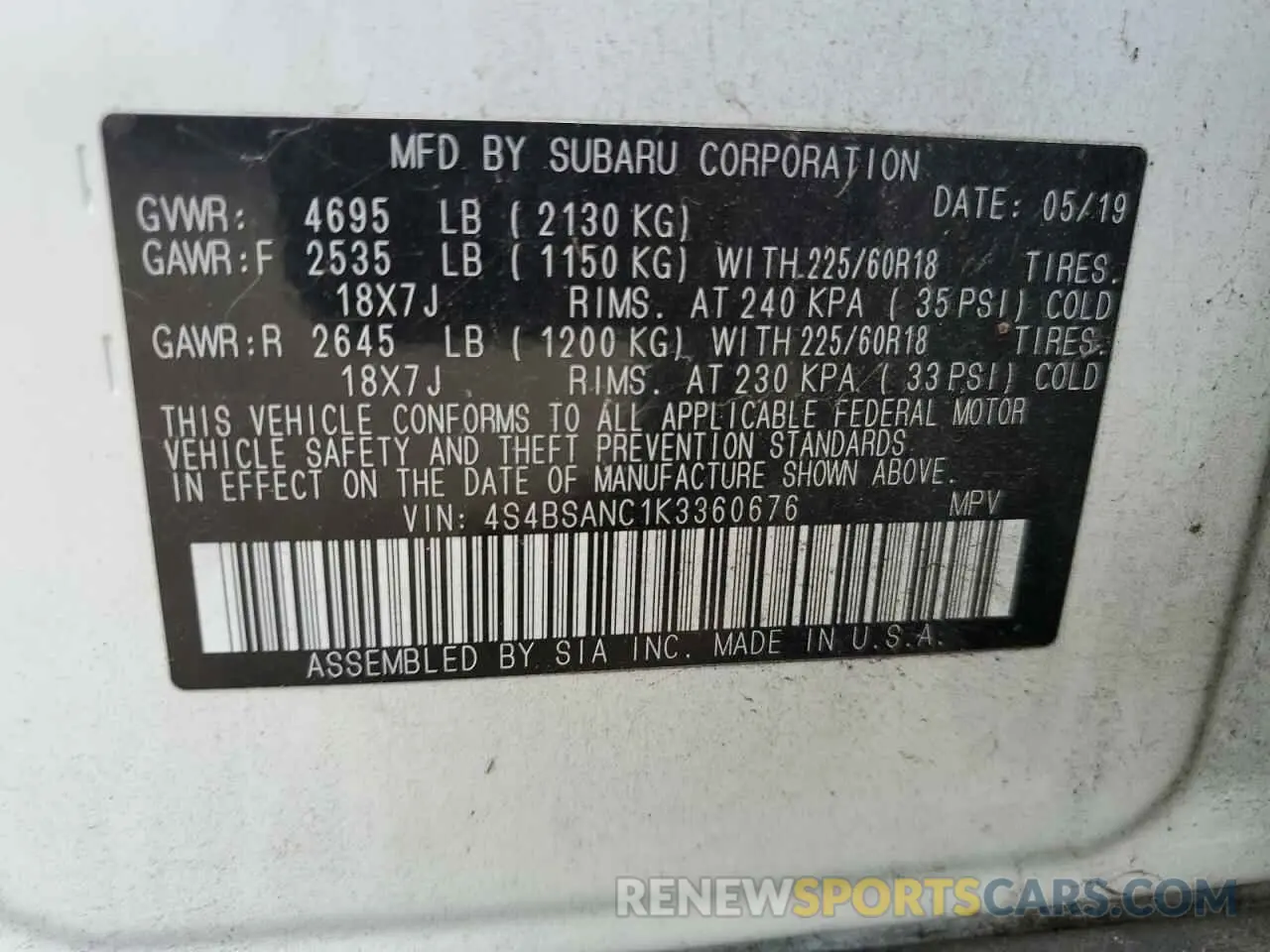 13 Photograph of a damaged car 4S4BSANC1K3360676 SUBARU OUTBACK 2019
