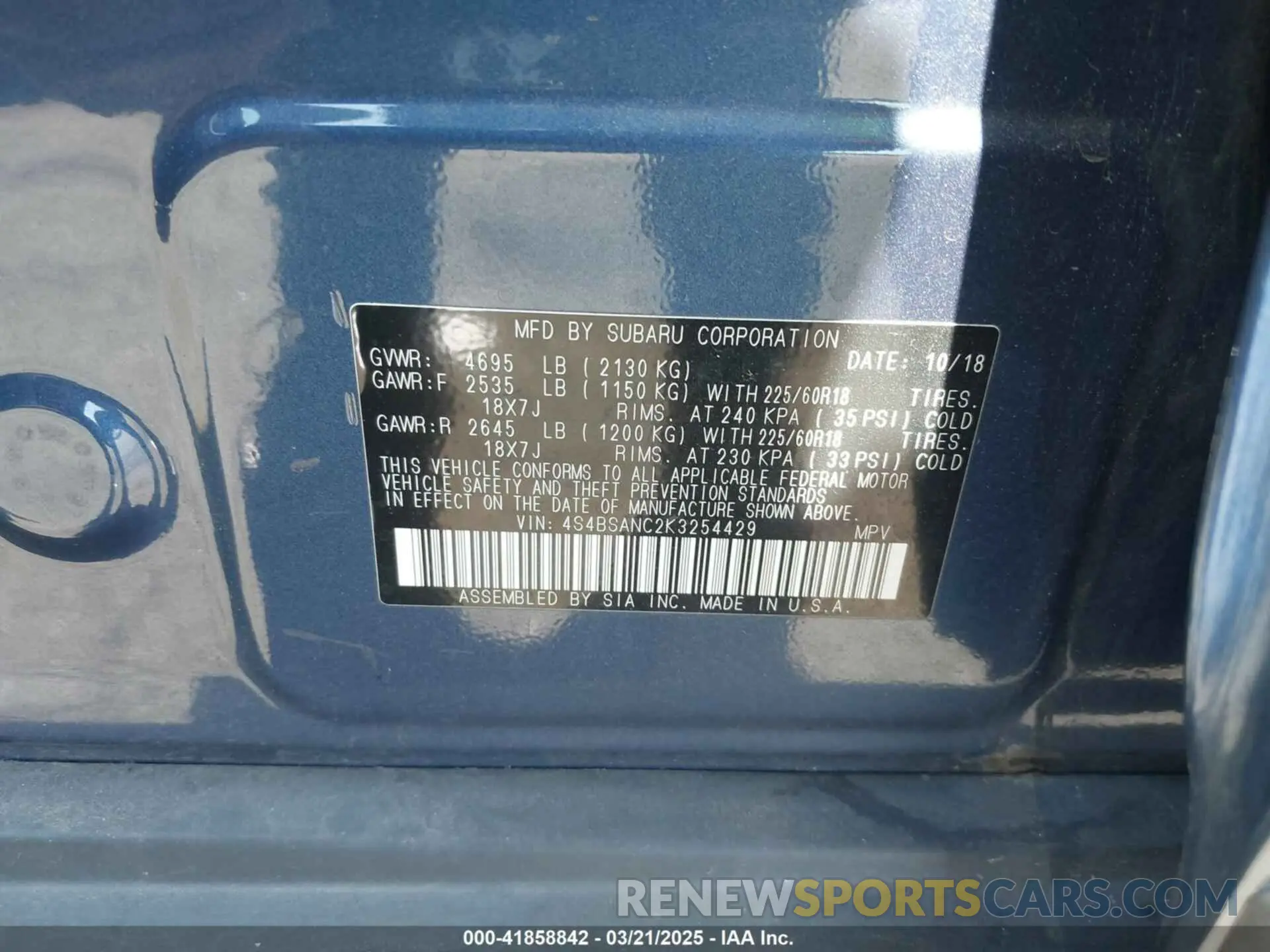 9 Photograph of a damaged car 4S4BSANC2K3254429 SUBARU OUTBACK 2019