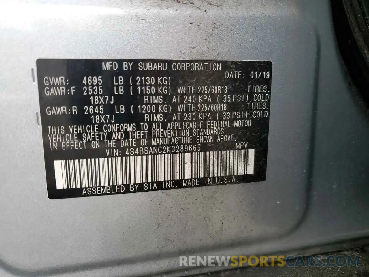 12 Photograph of a damaged car 4S4BSANC2K3289665 SUBARU OUTBACK 2019