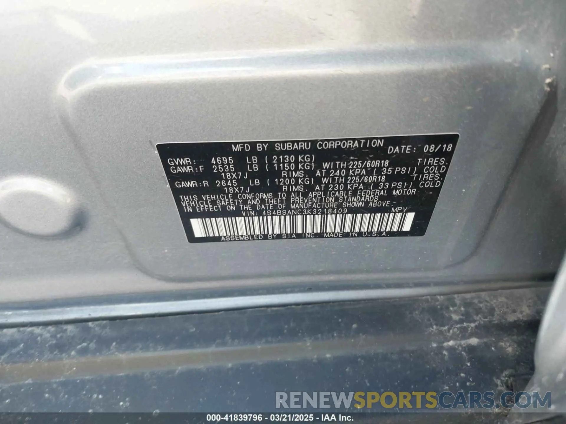9 Photograph of a damaged car 4S4BSANC3K3218409 SUBARU OUTBACK 2019