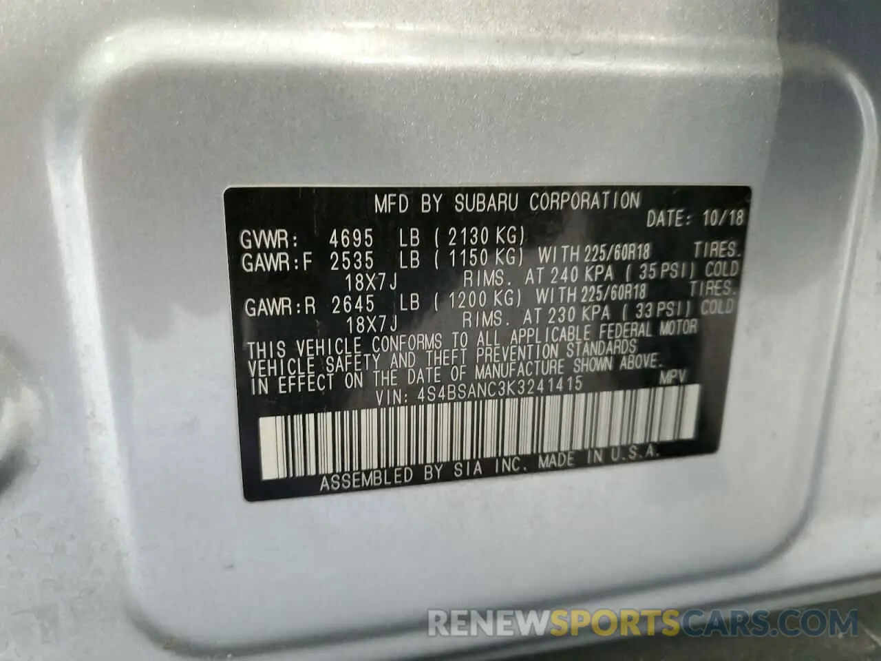 15 Photograph of a damaged car 4S4BSANC3K3241415 SUBARU OUTBACK 2019