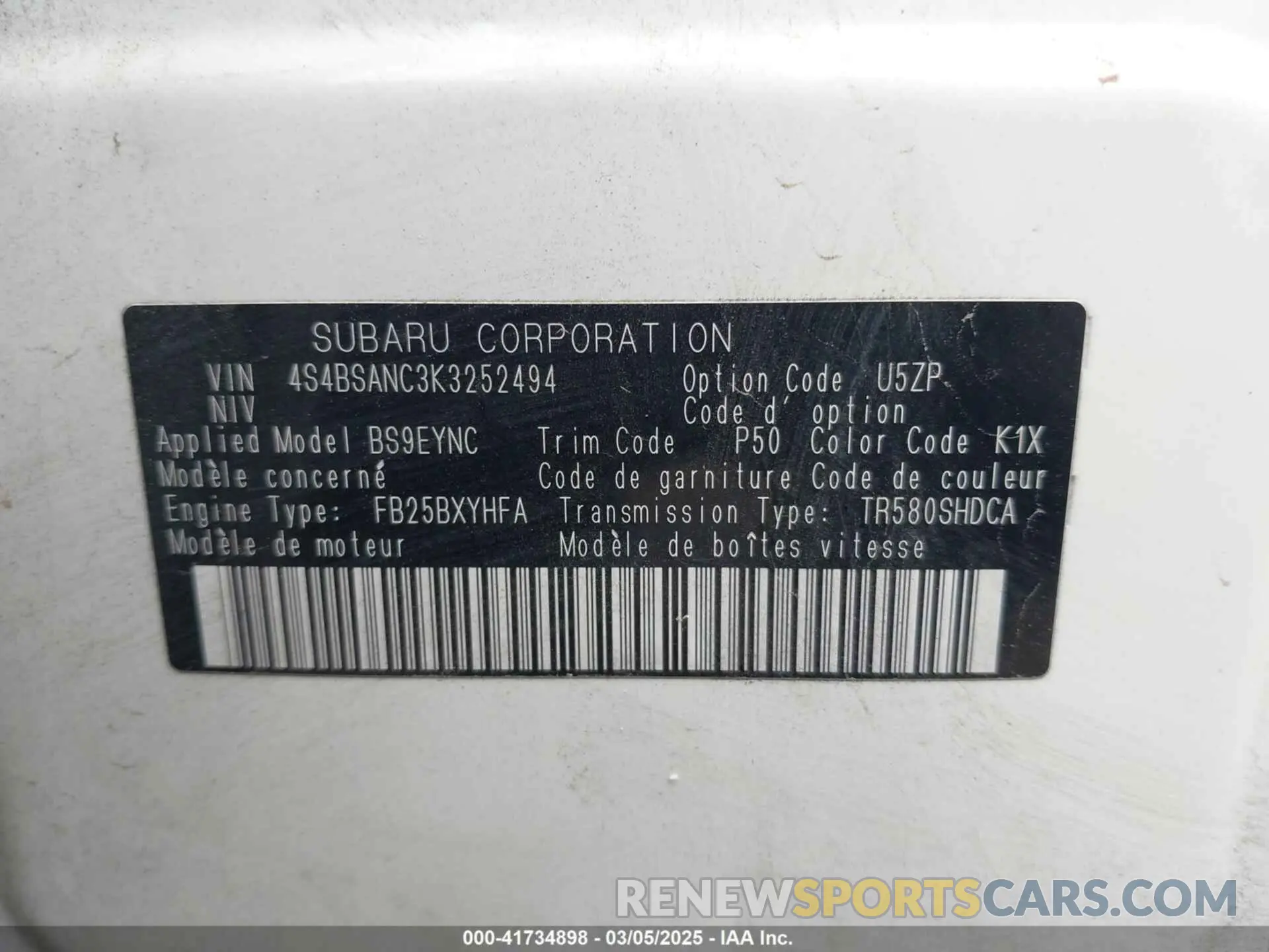 9 Photograph of a damaged car 4S4BSANC3K3252494 SUBARU OUTBACK 2019