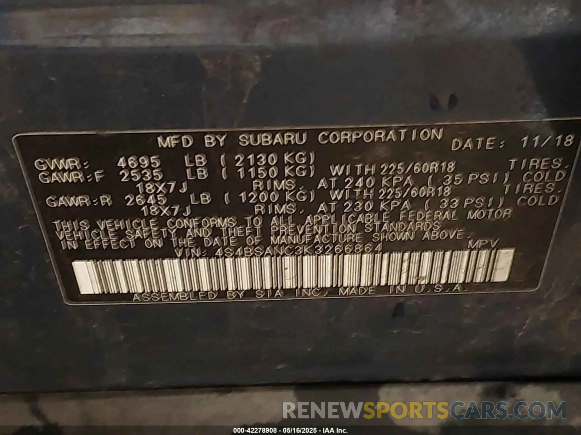 9 Photograph of a damaged car 4S4BSANC3K3266864 SUBARU OUTBACK 2019
