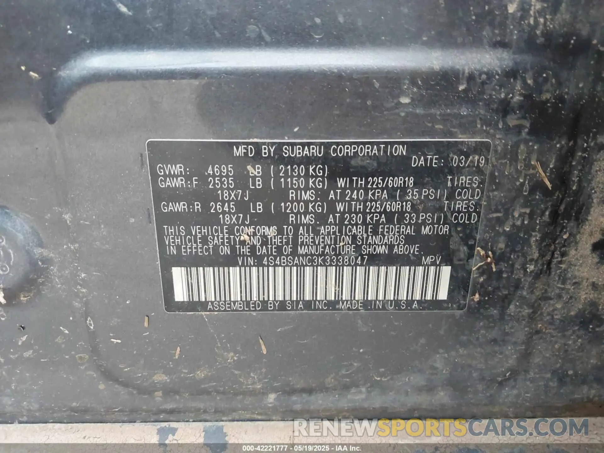 9 Photograph of a damaged car 4S4BSANC3K3338047 SUBARU OUTBACK 2019