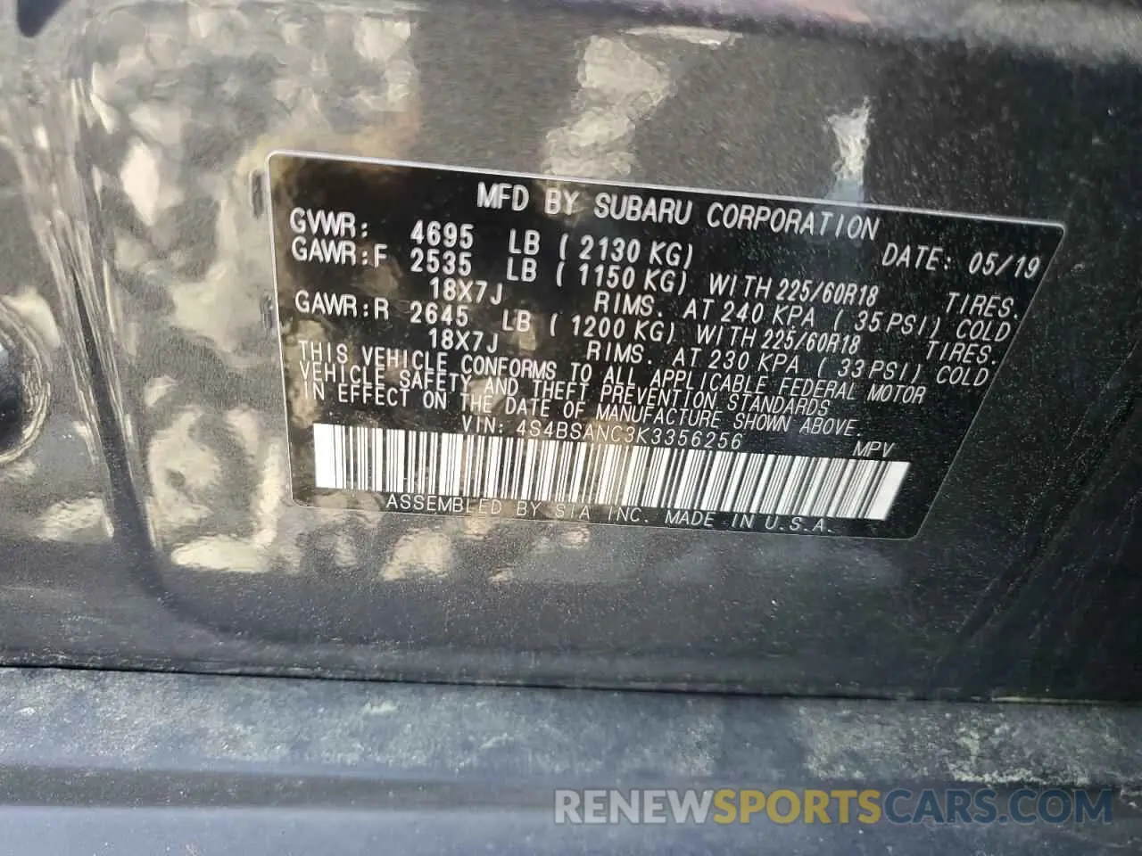 13 Photograph of a damaged car 4S4BSANC3K3356256 SUBARU OUTBACK 2019