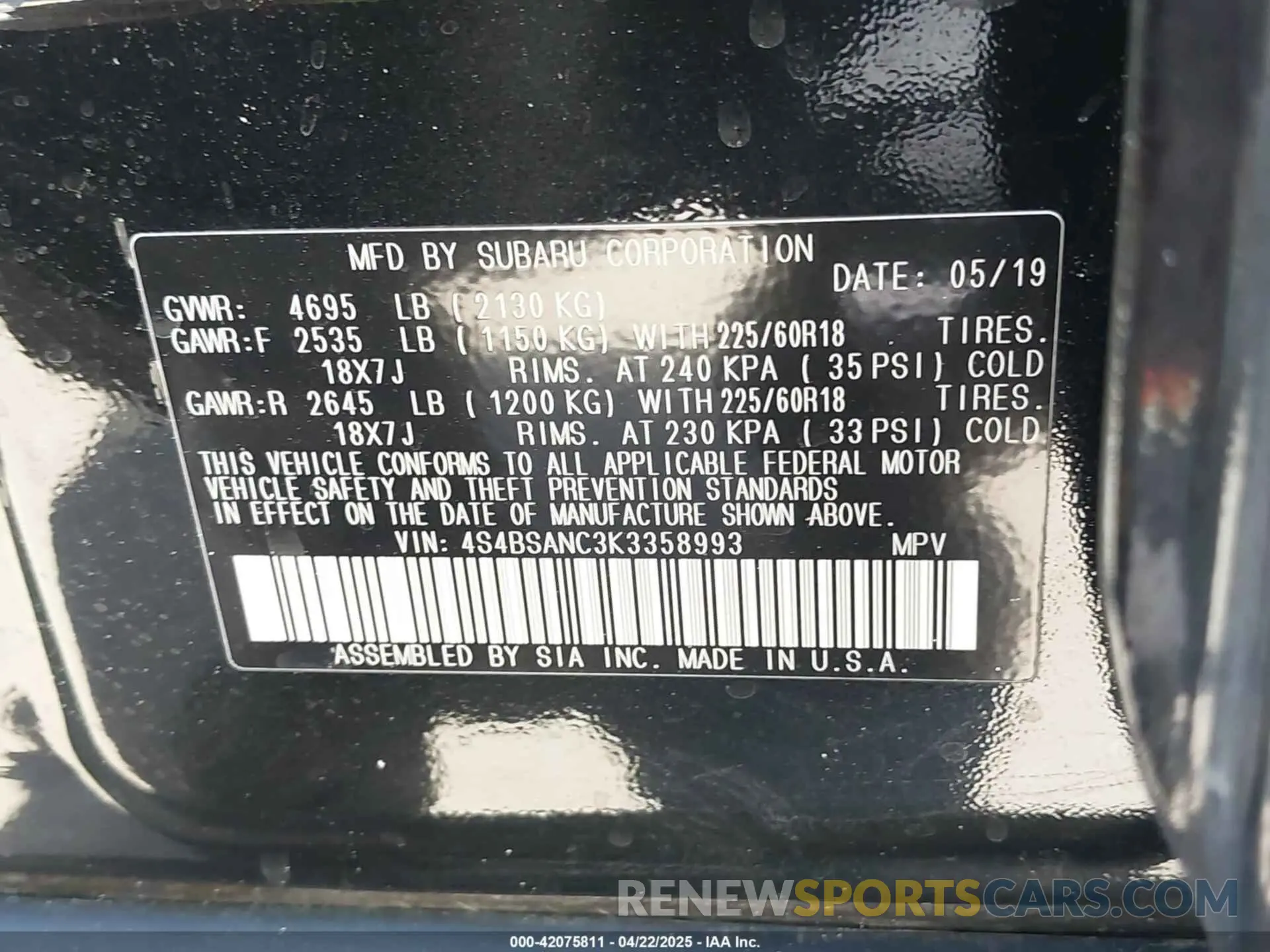 9 Photograph of a damaged car 4S4BSANC3K3358993 SUBARU OUTBACK 2019