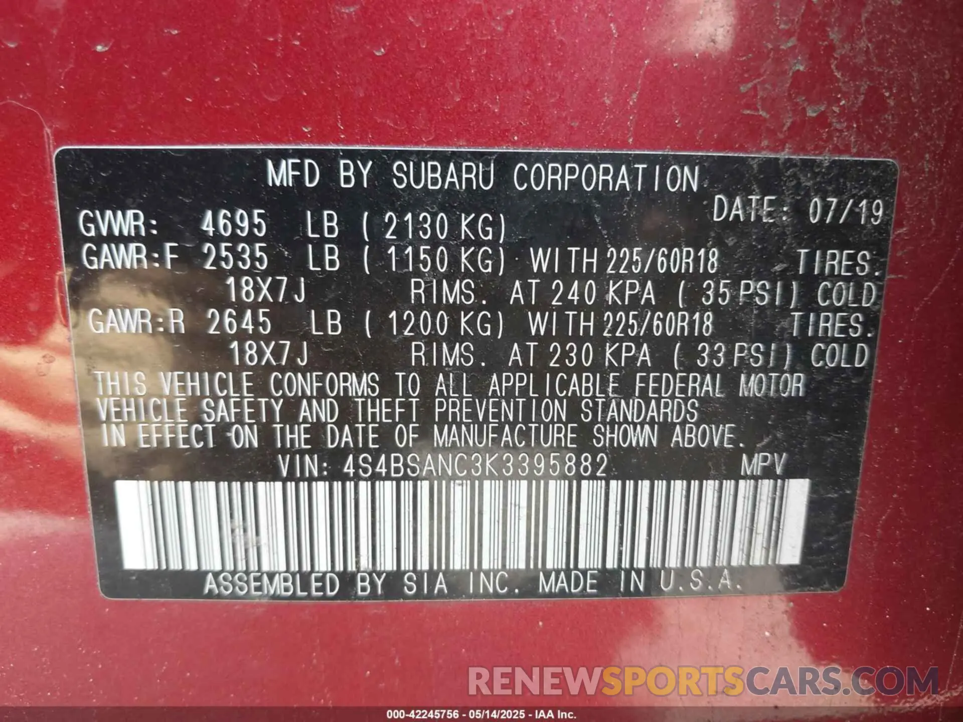 9 Photograph of a damaged car 4S4BSANC3K3395882 SUBARU OUTBACK 2019